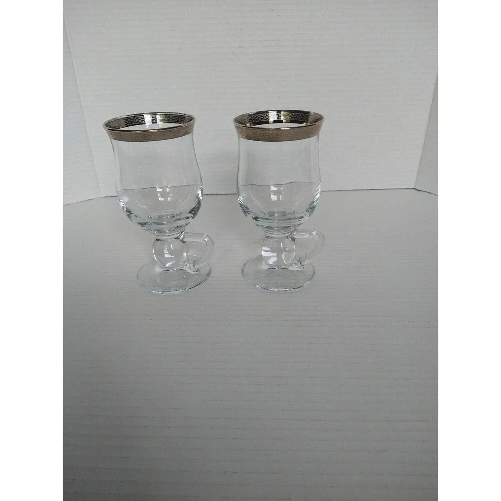 Set of 2 Clear Irish Coffee Glasses with Silver Rim and Footed Handle